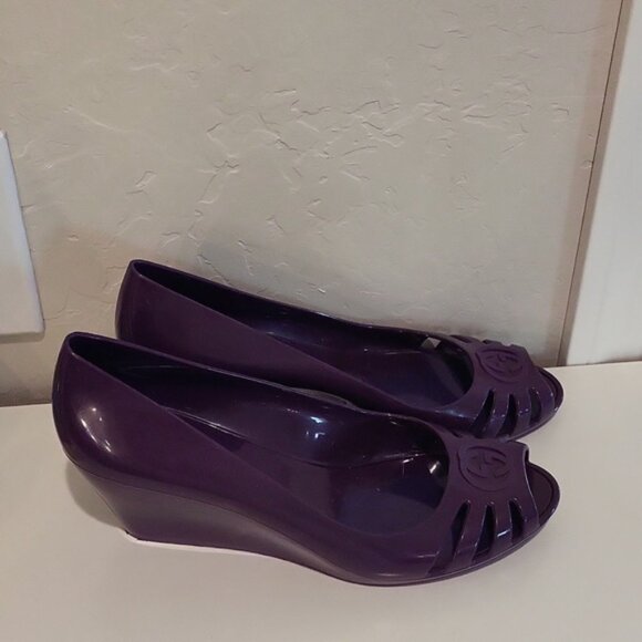 Gucci Interlocking G Logo Rubber Pumps Wedge Rubber Purple Open Toe Size 38 - Picture 3 of 14